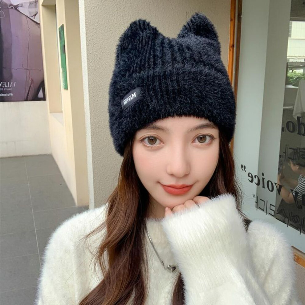 (black, 54cm-58cm) New Women Cute Cat Ear Winter Hat Fashion Faux Fur Knitted Hat Kpop Style Soft Beanie Hats Female Candy Colors Streetwear Cap