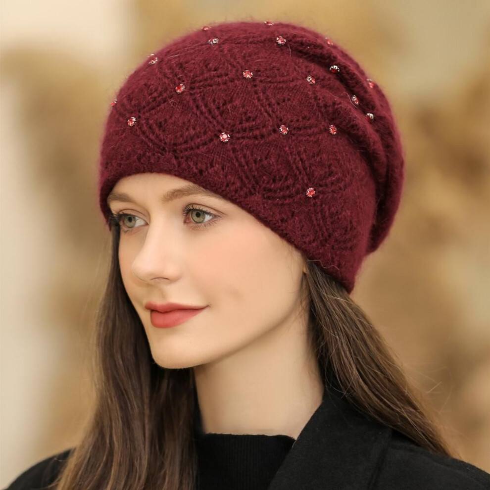 (wine red, 55cm-58cm) New Women Winter Hat Streetwear Warm Cap Fashion Decorate Beanie Hat For Female Casual Knitted Hat