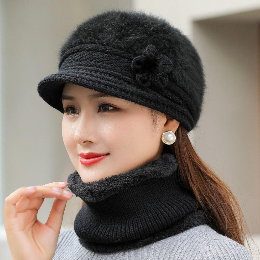 (black, 55cm-58cm) New Women Winter Hat Keep Warm Cap Add Fur Lined Hat & Scarf Knit Suit Fashion Hat For Women Casual Rabbit Fur Flower Knitted Hat