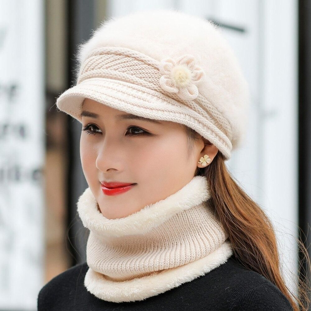 (beige, 55cm-58cm) New Women Winter Hat Keep Warm Cap Add Fur Lined Hat & Scarf Knit Suit Fashion Hat For Women Casual Rabbit Fur Flower Knitted Hat