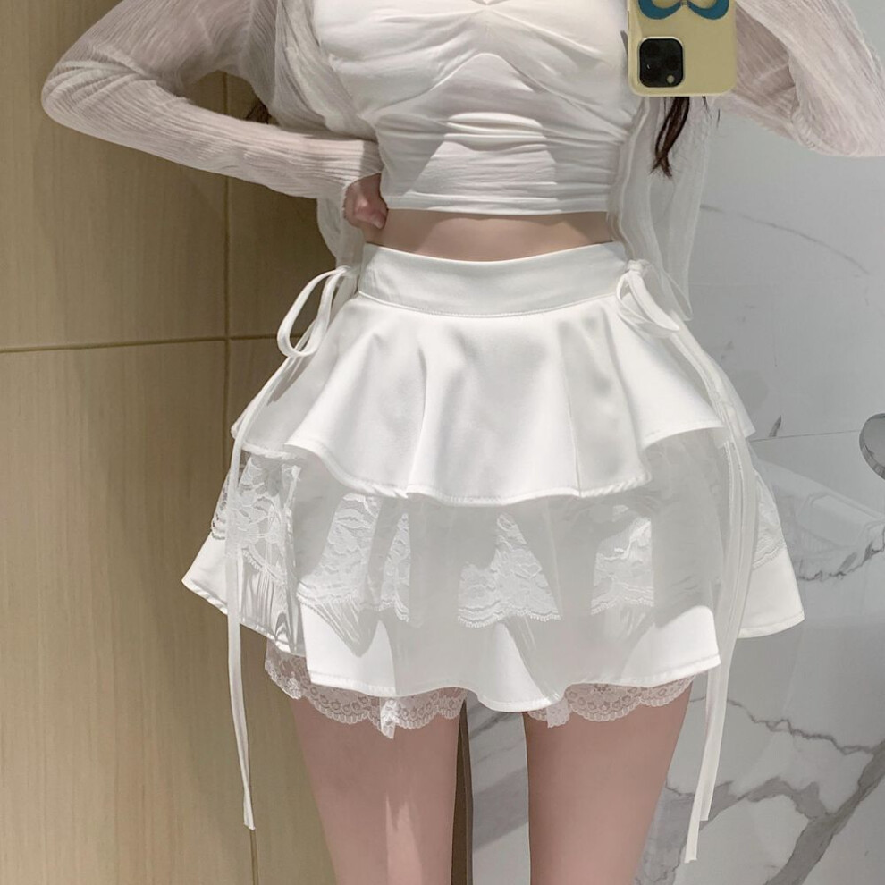 (L, white) Ruffle Mini Skirt Women Summer Fashion Thin High Waist Bandage Lace Shorts Skirts Girls Cute Sweet Lolita Style Clohing Y2k