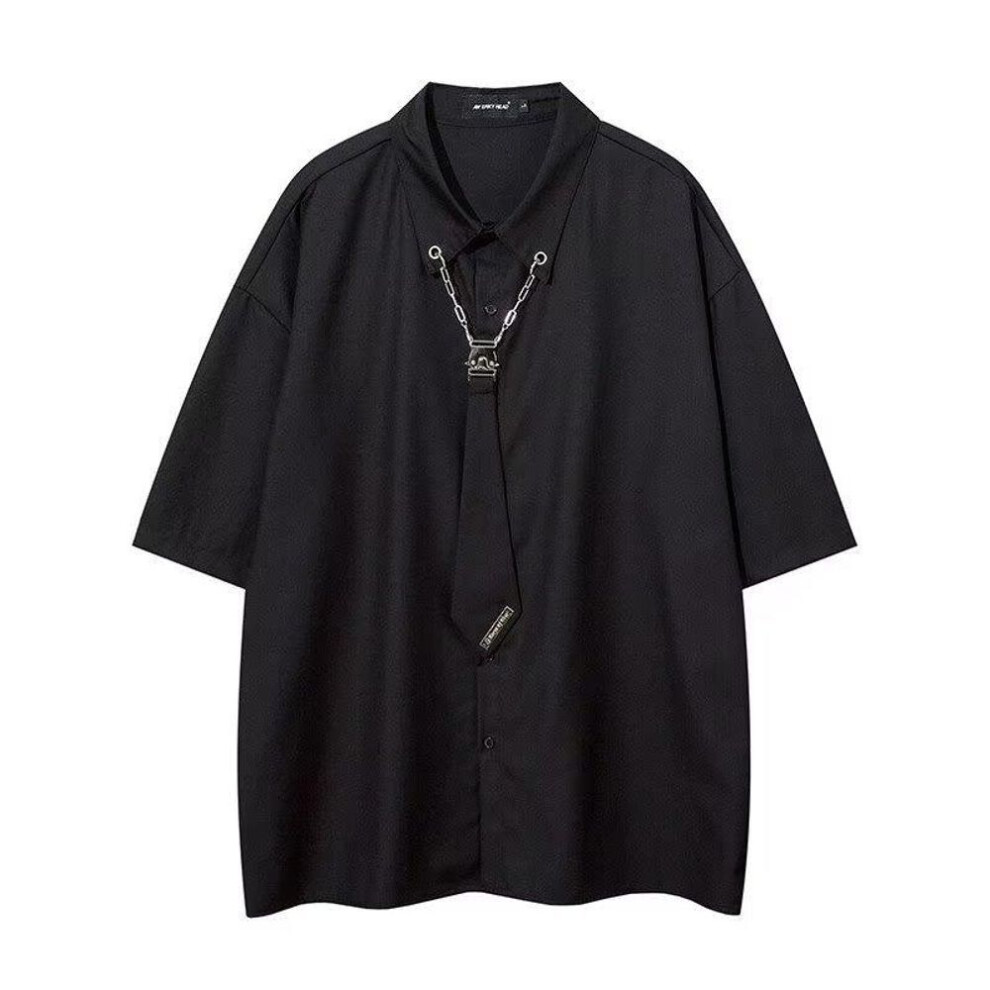 (S, black) Street Style Tie Short-sleeved Shirt Women Summer Retro Baggy Cardigan Tops Black Vintage Harajuku Clothing Plus Size