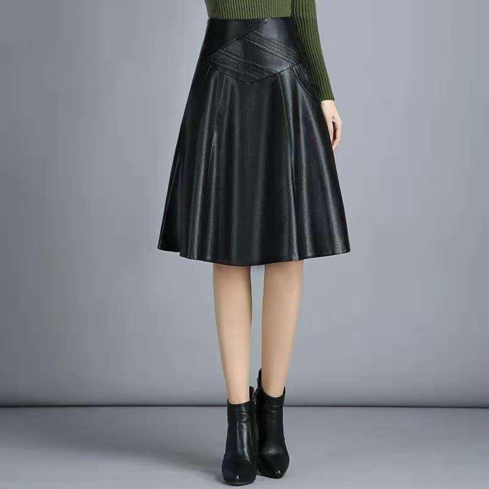 (S, as the picture) Women Spring Autumn Pu Leather Skirts Lady High Waist A-line Skirt Midi Length Black Skirt Women