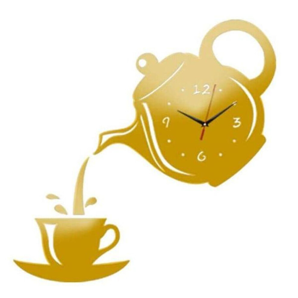 (gold) 3D Wall Clock with Acrylic Mirror and Coffee Teapot Design