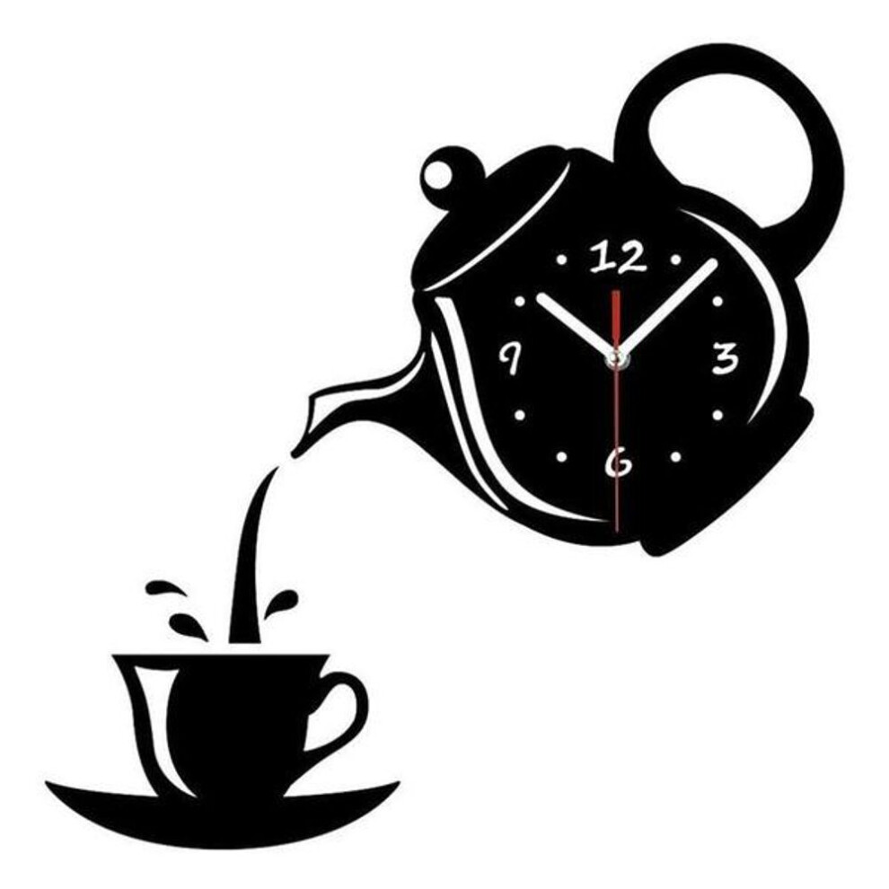 (black) 3D Wall Clock with Acrylic Mirror and Coffee Teapot Design