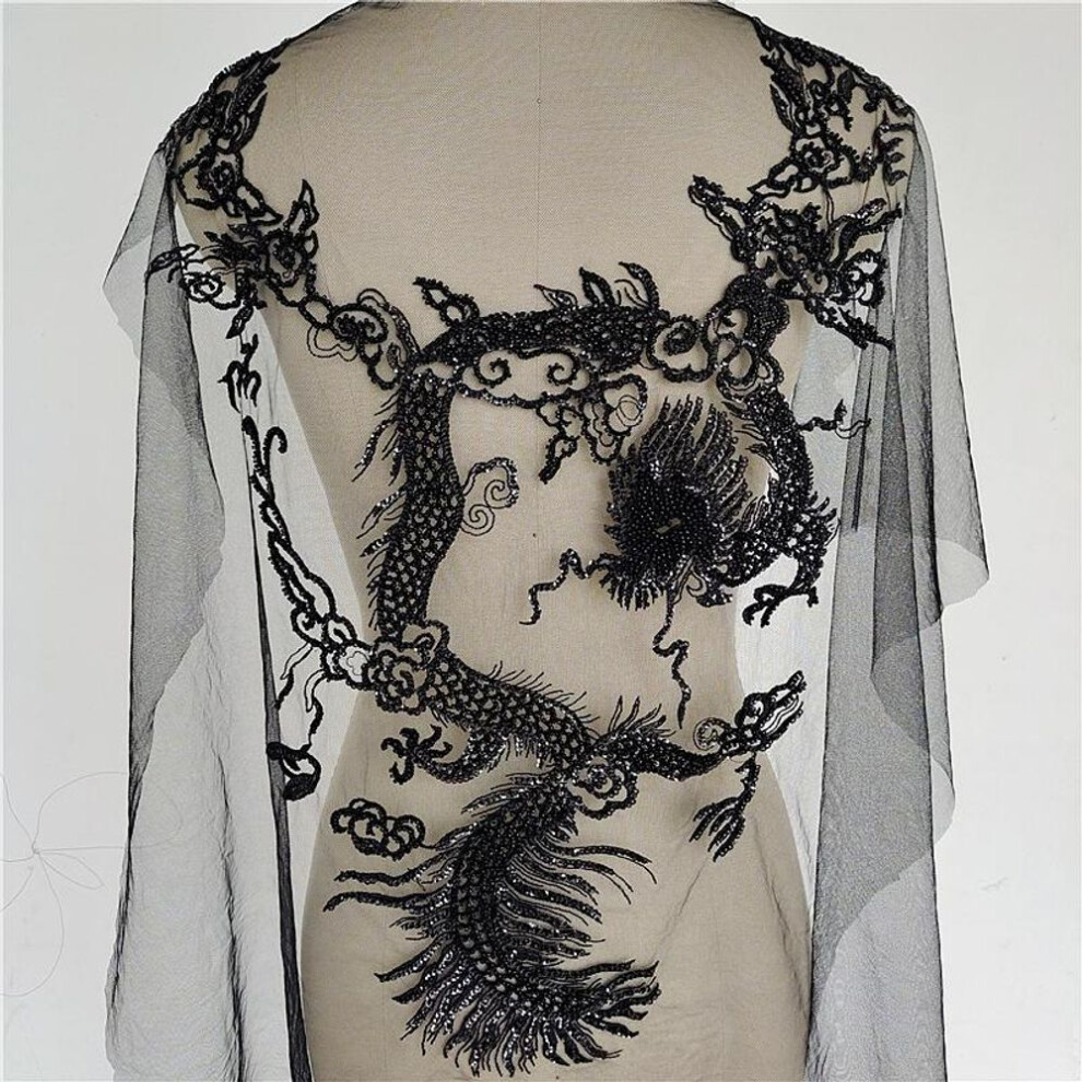 New Sexy Luxury Black Mesh Embroidery Beaded Applique Patch Sequins Auspicious Cloud Dragon Dress Back Applique Fabric