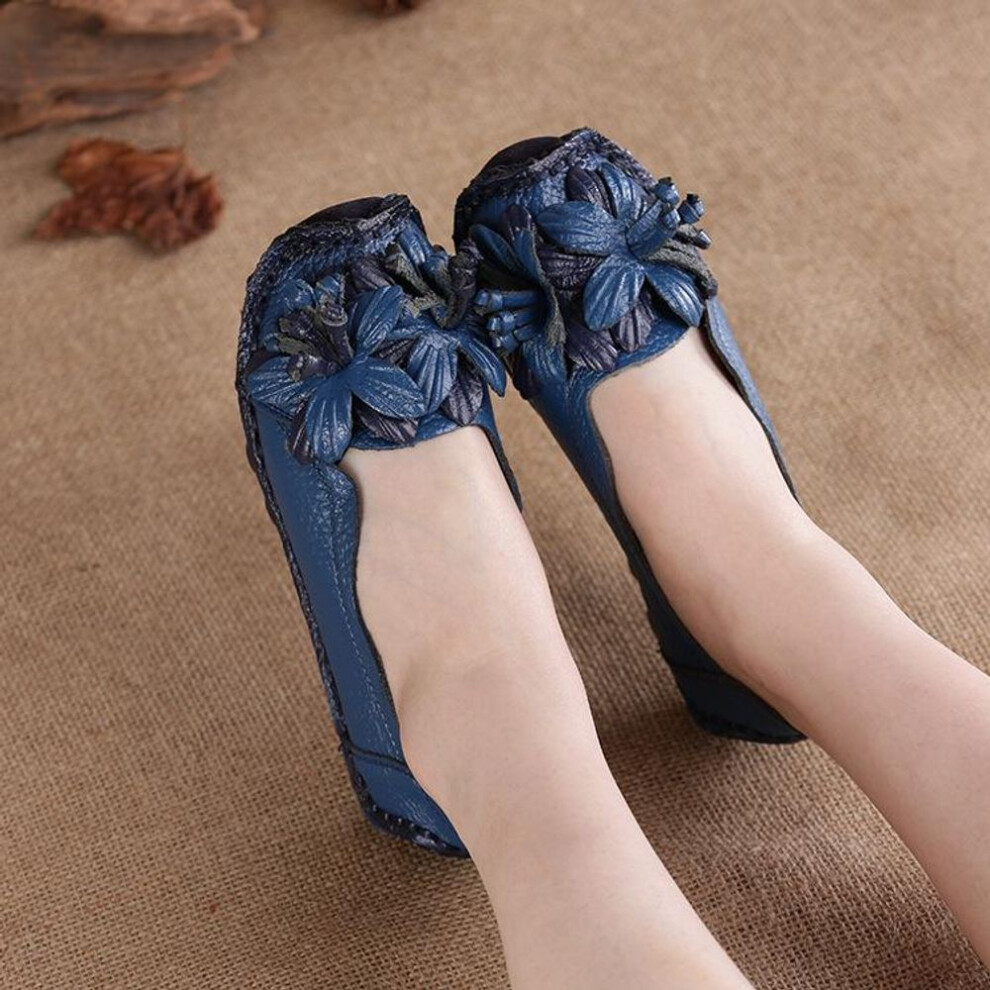 (blue, 42) Handmade Flower Shoes Women&apos;s Soft Flat Bottom Shoes Autumn Casual Sandals Genuine Leather Shoes