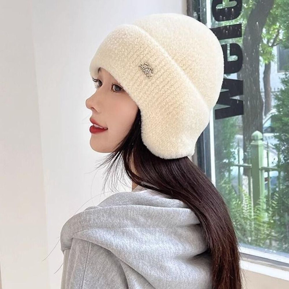 (beige, 55cm-60cm) New Women Soft Winter Hat Streetwear Faux Fur Warm Ponytail Cap Fashion Decorate Beanie Hat For Female Casual Earflap Knitted Hat