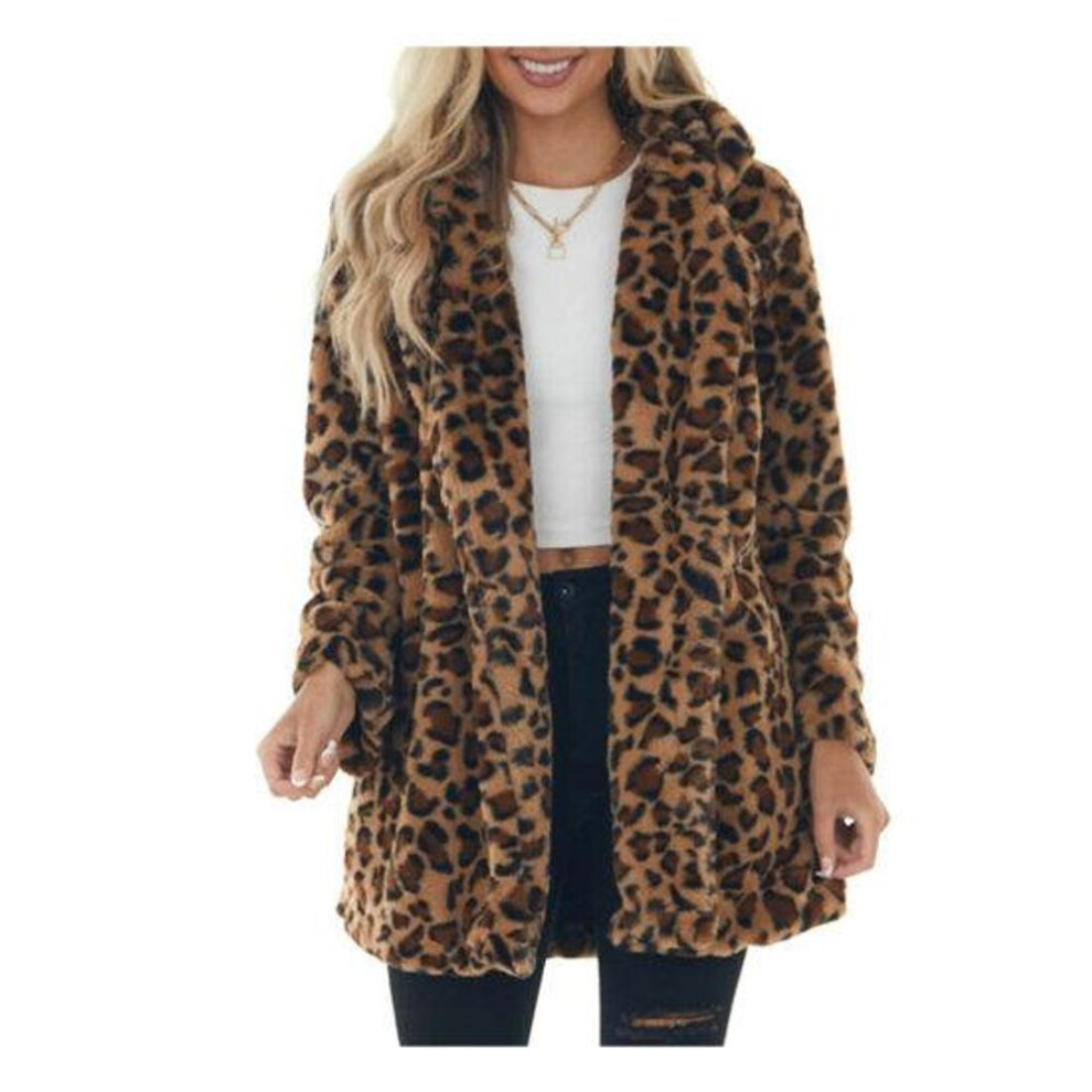 (khaki, XL) Fall Winter Women Coat Thick Plush Print Lapel Leopard Long Sleeve Windproof Cold-proof