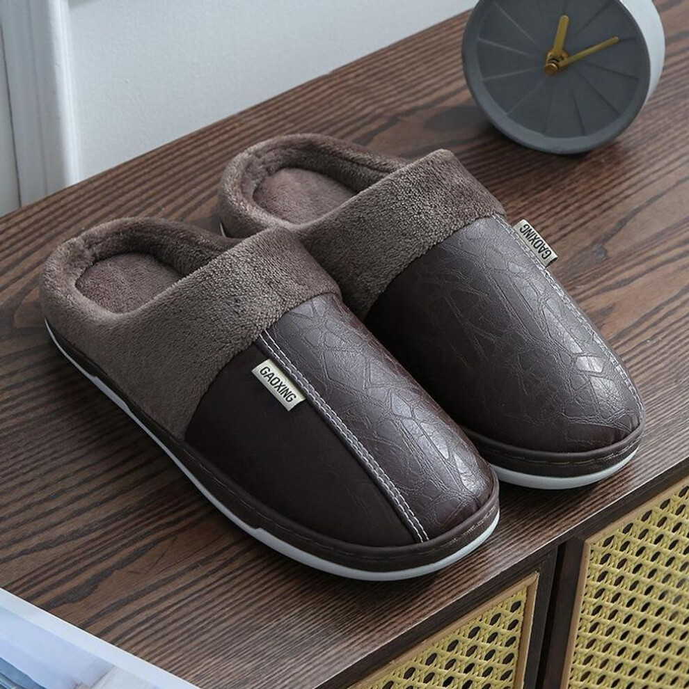 (coffee, 44) Men Women Waterproof Pu Leather Winter Warm Plush Home Shoes House Slippers Indoor Anti-skid
