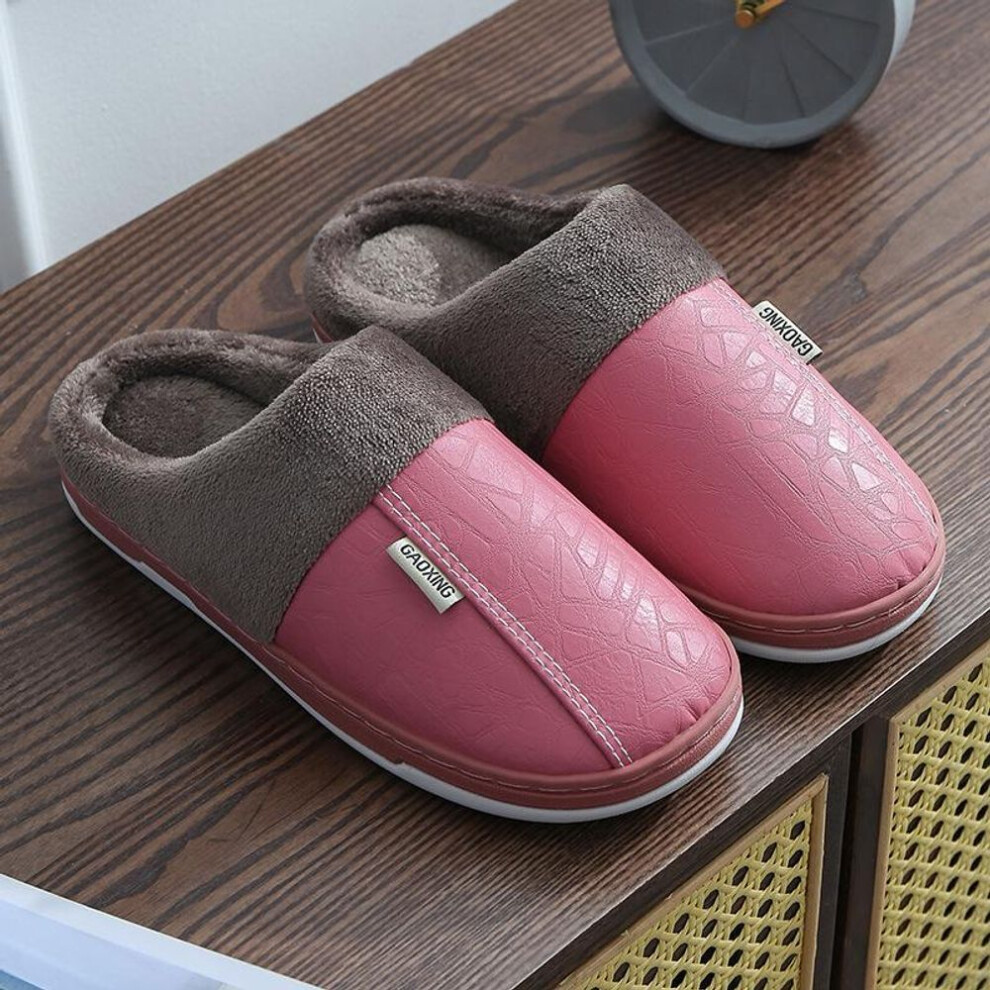 (pink, 38) Men Women Waterproof Pu Leather Winter Warm Plush Home Shoes House Slippers Indoor Anti-skid