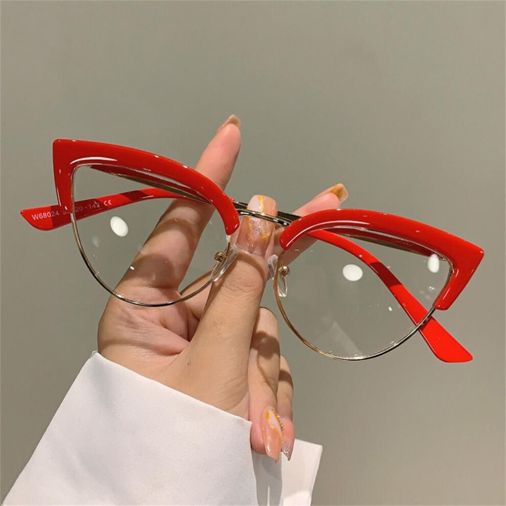 (red) Vintage Cat Eye Glasses Frame New Stylish Semi Metal Rim Women Eyewear Trendy Brand Design Non-prescription Eyeglasses