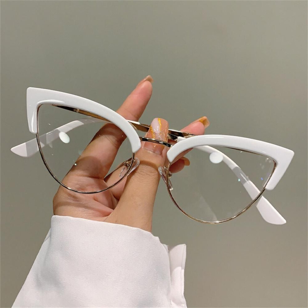 (white) Vintage Cat Eye Glasses Frame New Stylish Semi Metal Rim Women Eyewear Trendy Brand Design Non-prescription Eyeglasses