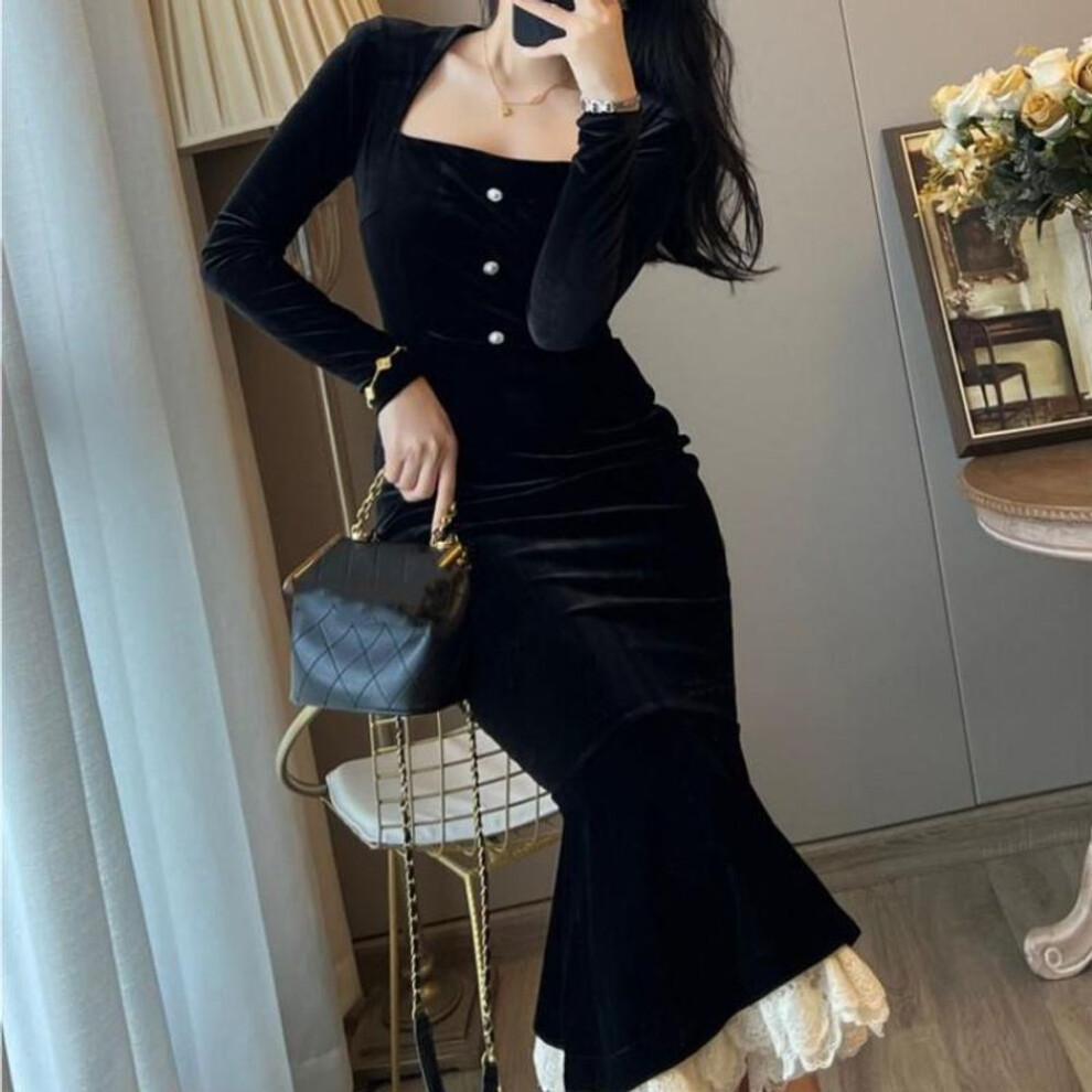 (black, XL) Vintage Bodycon Velvet Mermaid Party Dresses Women Elegant Lace Patchwork Evening Prom Vestidos Female Autumn Winter Clothes