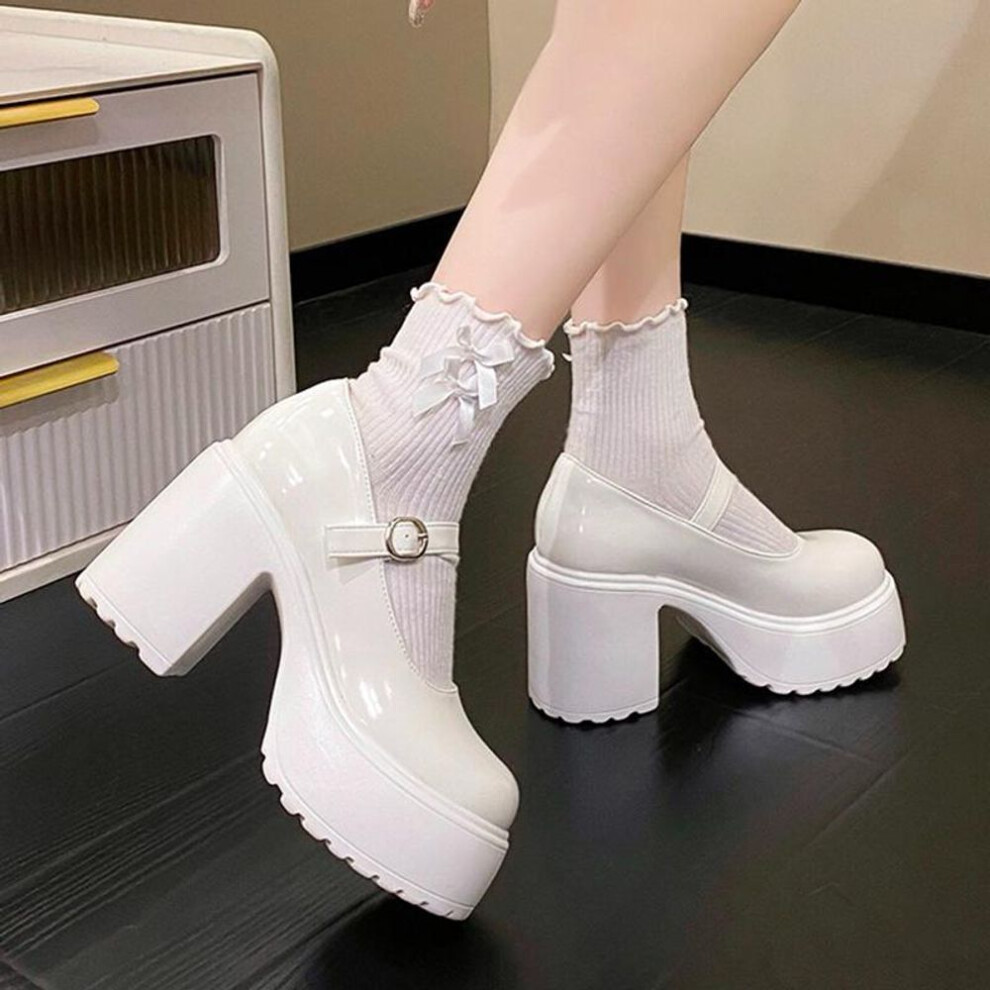 (white, 36) Fashion White Platform Pumps for Women Super High Heels Buckle Strap Mary Jane Shoes Woman Goth Thick Heeled Party Shoes Ladies