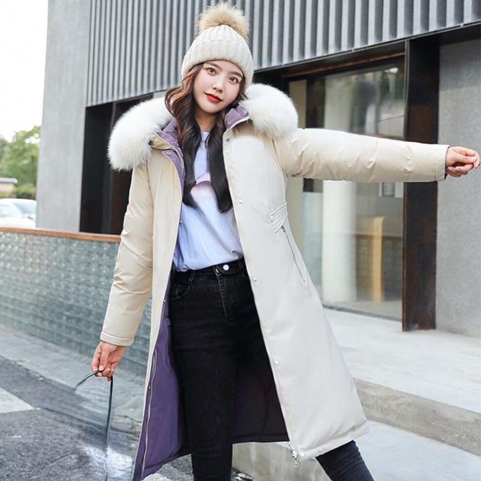 (beige, XL) Winter Fashion Hooded Big Fur Collar Padded Long Parkas Down Cotton Warm Coat Waterproof Windbreaker Jacket Wear On Both Sides