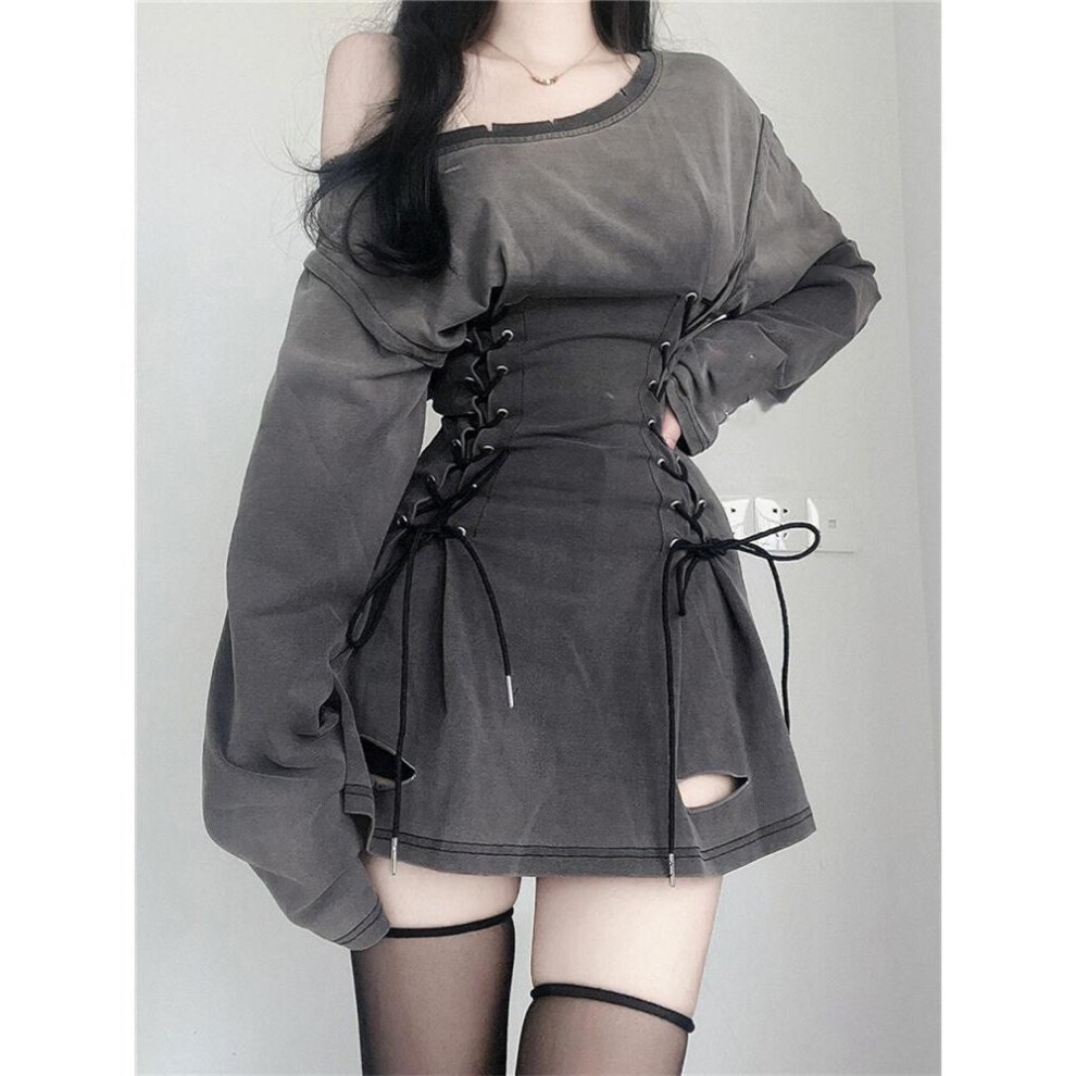 (M, dark grey) New Fairycore Grunge Goth Corset Dress Women Aesthetic Harajuku Streetwear Bandage Slim Bodycon Dress Y2k 90s Indie Clothes