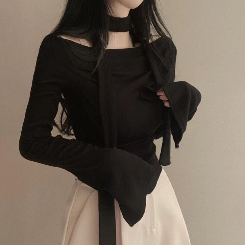 (XL, black) Y2k Crop T-shirts Women Hotsweet Chic Long Sleeve Top Female Vintage Fashion Off Shoulder Tee Lady Spring Casual Lace-up T Shirt