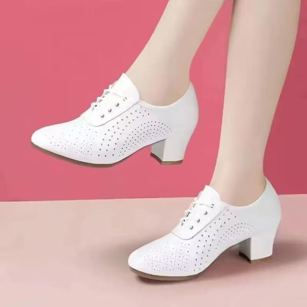 (white, 38) 2024 Fashion Shoes for Women Spring Women&apos;s Pumps Solid Color Pointed Toe Hollow Out Breathable Lace Up Chunky Heel Shoes Women