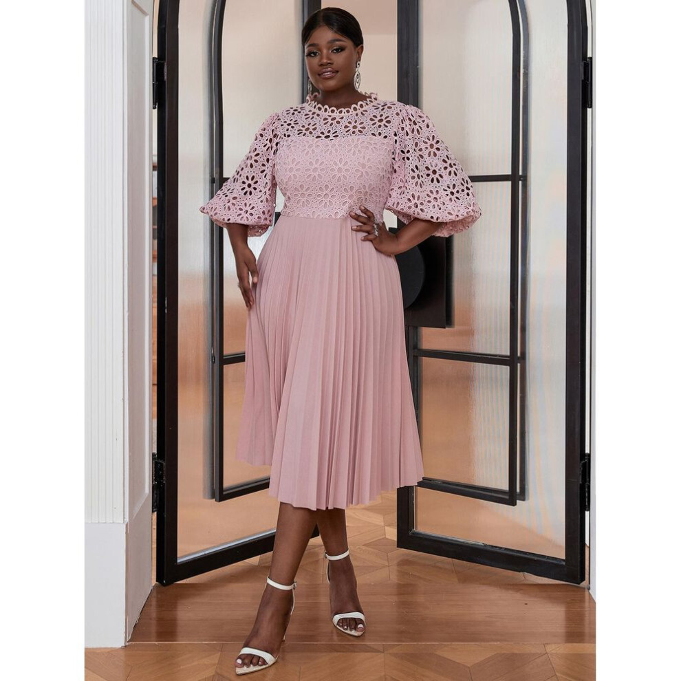 (pink, 4XL) Aomei Elegant Women Formal Evening Party Dresses For Women Pink Lace Half Lantern Sleeve Hollow Out A-line Pleated Gowns Slim Celebration Events