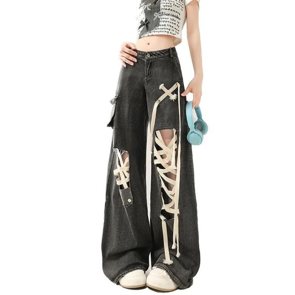 (black, XXL) Women Jeans Oversize Hip-hop Fashion Vintage Streetwear Y2K Wide Leg Jean High Waist 2024 Boyfriend Trouser Baggy Denim Pants