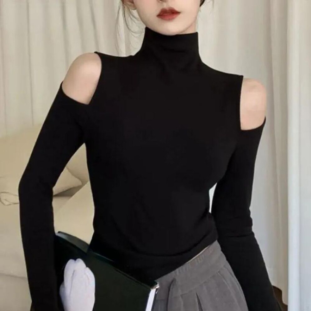 (S, black) Turtleneck Off Shoulder Long Sleeve T-shirt Women&apos;s Thin Velvet Slim Bottom Shirt Spring And Autumn Korean Style Hollow Out Tops