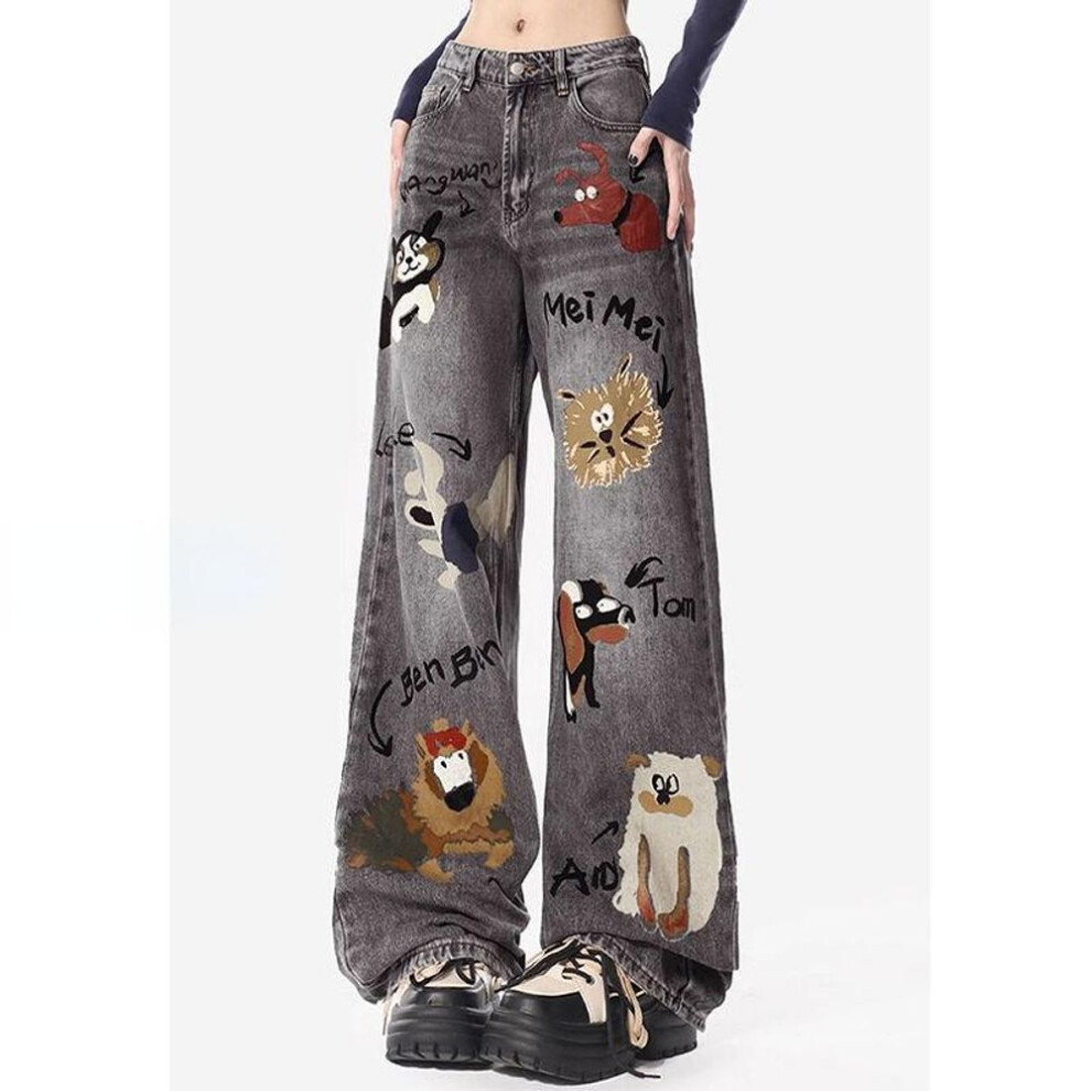 (black, XL) Women Casual High Waist Baggy Jean Aesthetic Lace Up Patchwork Blue Academia Streetwear Straight Cargo Pants Bf Style 2024 New