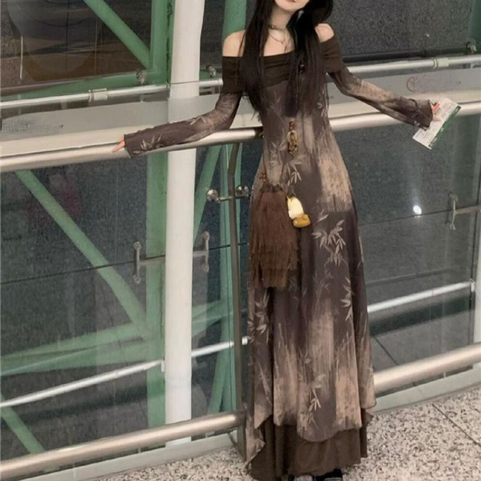 (brown, S) Elegant Casual Women Vintage Letter Dresses Slash Neck Long Sleeve Grunge Dress Fashion Off Shoulder Sweet Y2k Vestido De Mujer