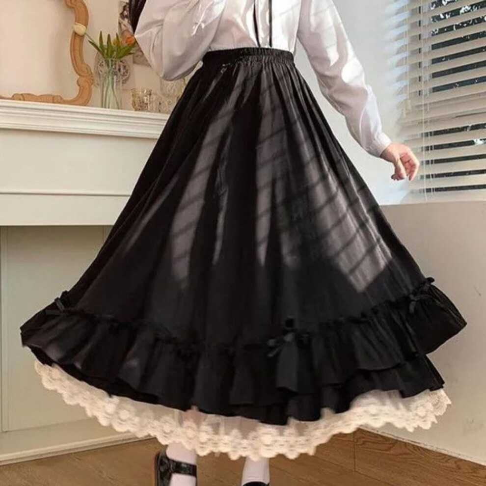 (M, black) Black Long Skirts Women Japanese Kawaii Preppy Style Lolita Skirt Female French Vintage Double Layer Lace Ruffled Pleated Skirts