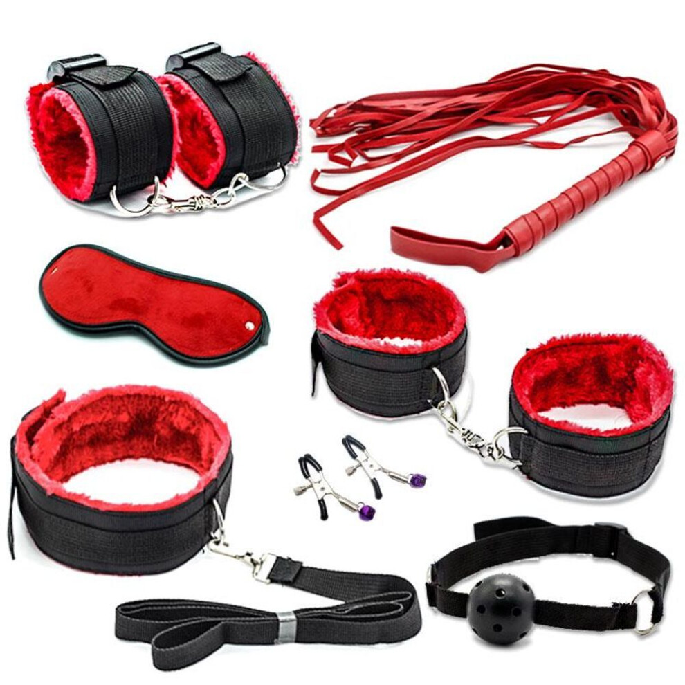 (red) 7 Pcs/set Sex Bondage Restraint Kit Handcuffs Collar Gag Mask Whip Adult Sex Toys For Couple Gifts