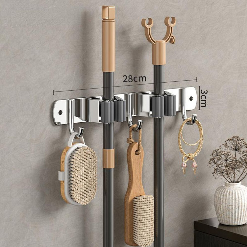 (2 Clip 3 Hooks) Wall Mount Mop Organizer Holder Broom Hook Stainless Steel Storage Hook Kitchen Bathroom Organization Accessories