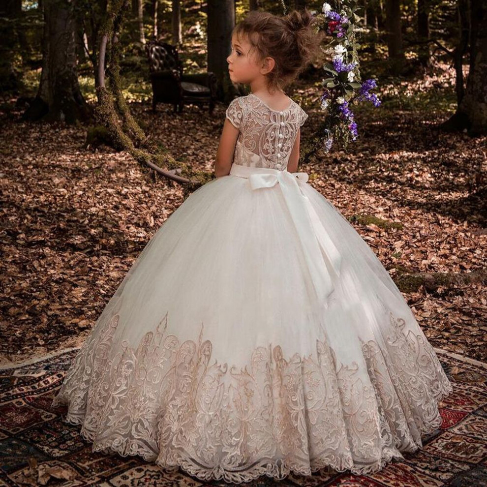 (champagne, 4-5) Floral Vintage Summer Dress For Girls Elegant Birthday Princess Party Dresses Puff Sleeve Lace Casual Costume Children&apos;s Clothes