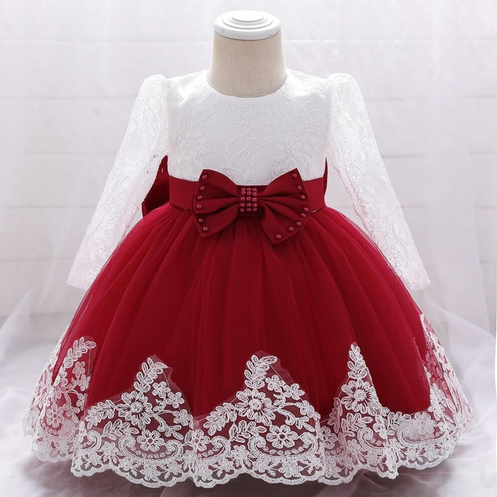 (red, 90CM) Baby Girl Dresses Party and Wedding Newborn Girl Long Sleeve Lace Dresses With Big Bow Infant Girl 1st Birthday Princess Dress