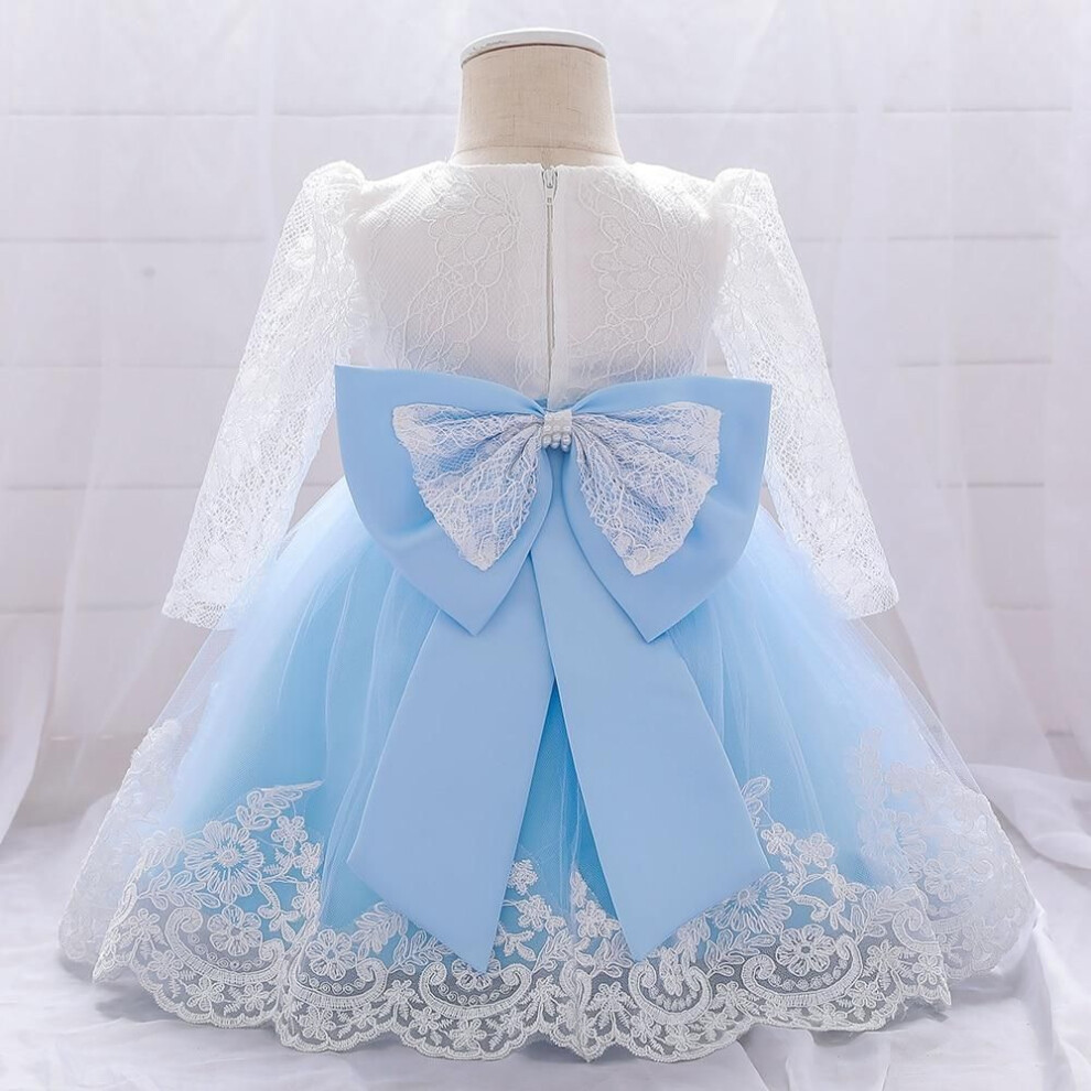 (blue, 80CM) Baby Girl Dresses Party And Wedding Newborn Girl Long Sleeve Lace Dresses With Big Bow Infant Girl 1st Birthday Princess Dress