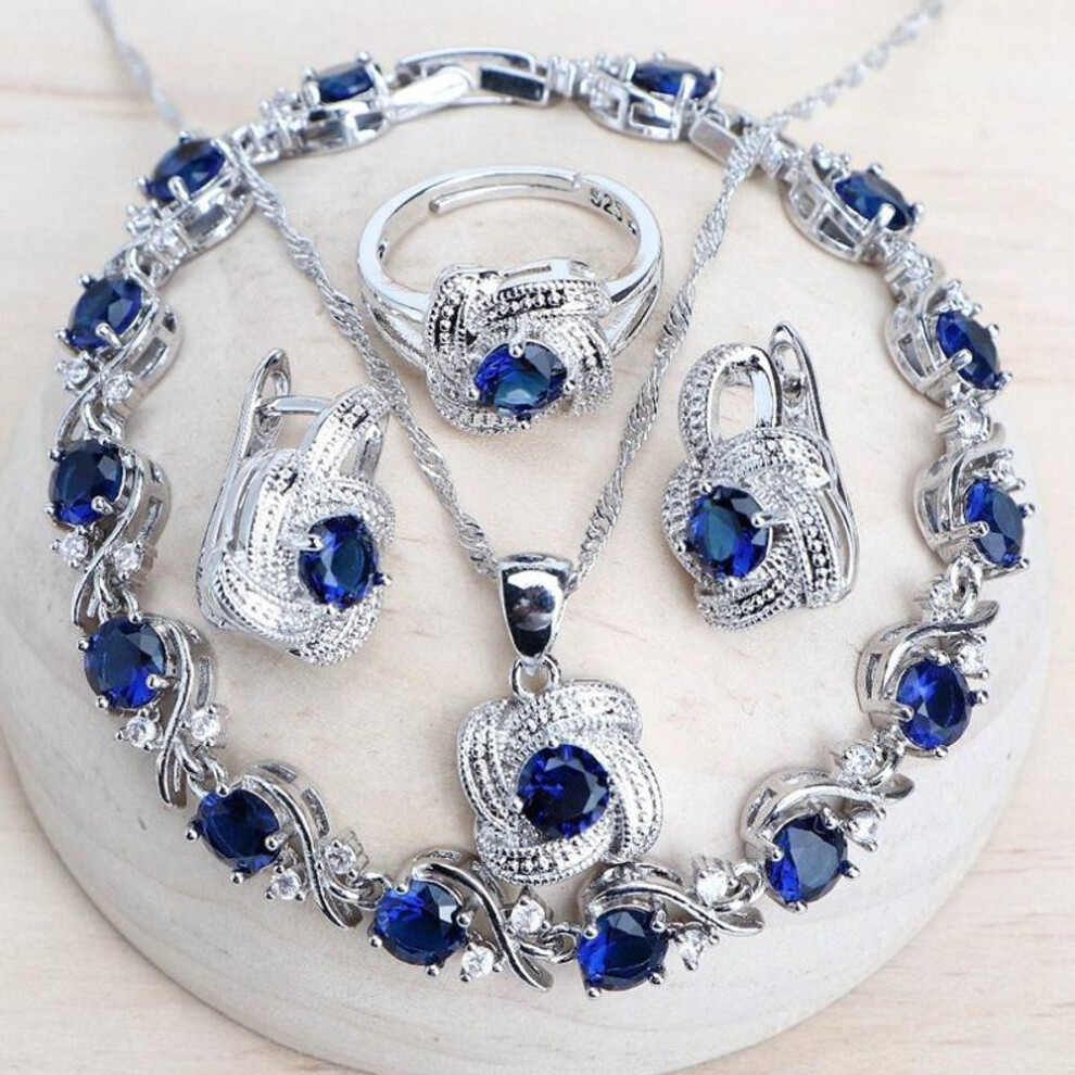 (blue) Classic Silver Color Wedding Jewelry Sets Bridal Zircon Rings/bracelets/earrings/pendant Necklace Set For Women
