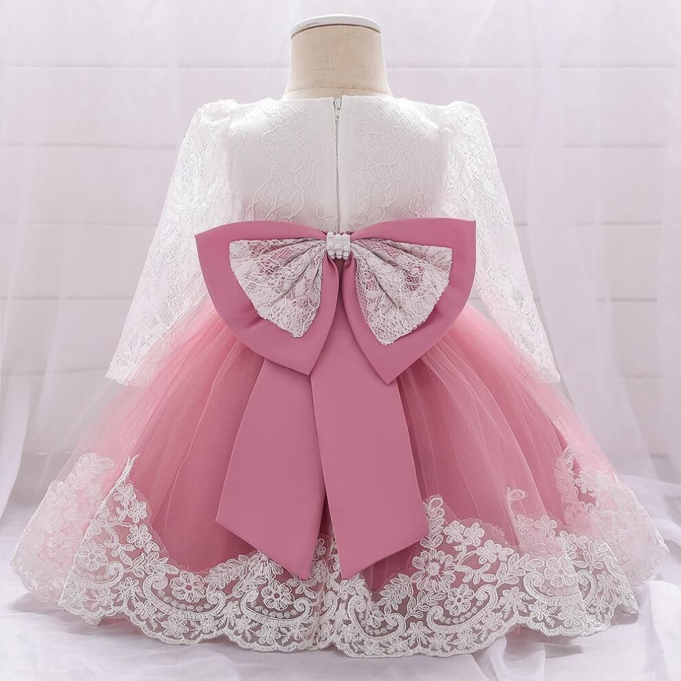 (pink, 90CM) Baby Girl Dresses Party And Wedding Newborn Girl Long Sleeve Lace Dresses With Big Bow Infant Girl 1st Birthday Princess Dress