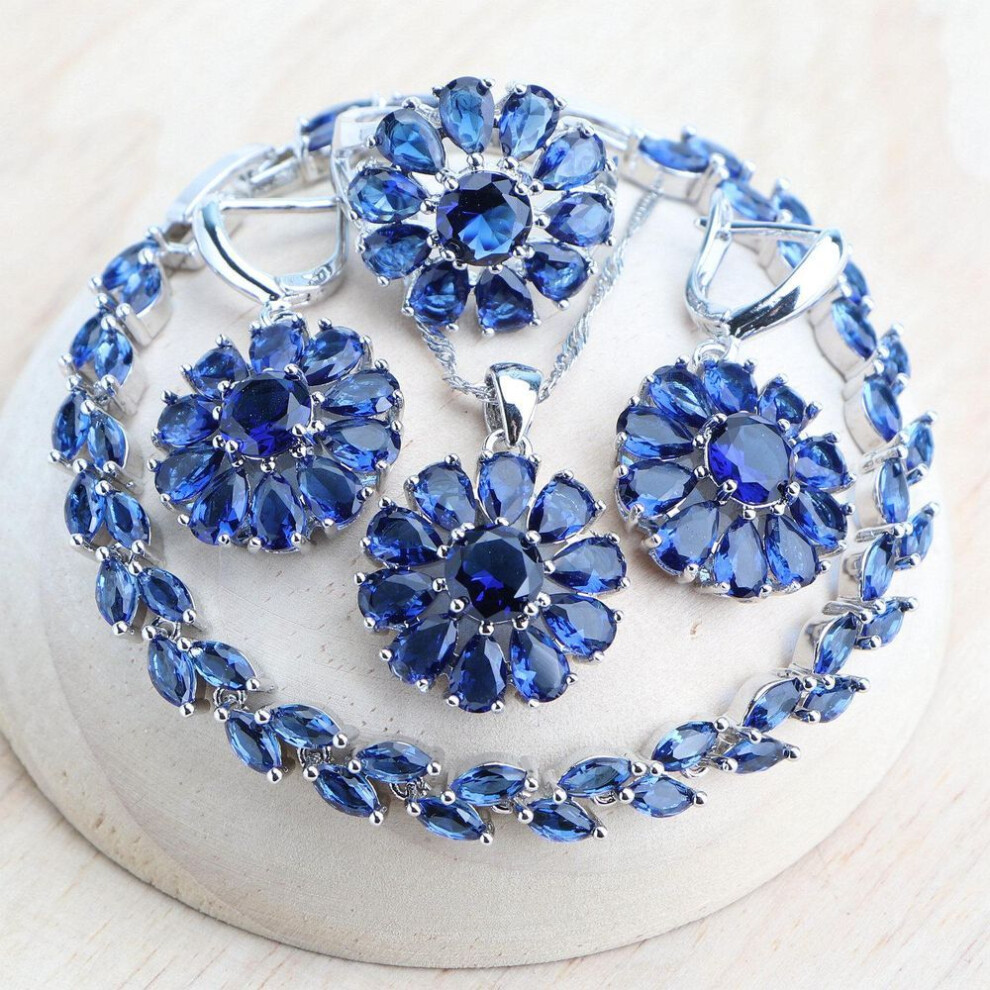 (blue, 10) Wedding Cubic Zircon Jewelry Set For Women Bridal Rings/bracelets/earrings/pendant Necklace Set