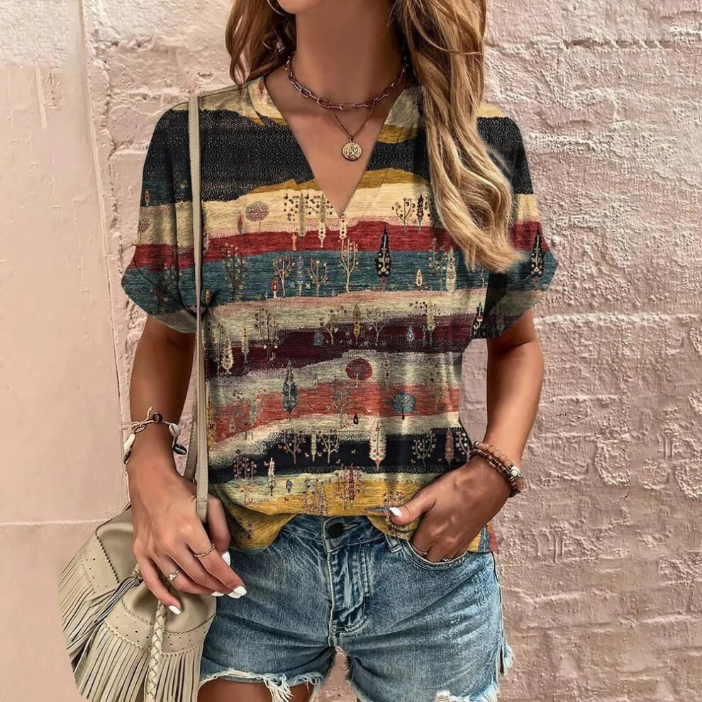 (L, as the picture) Retro Women's 3d Print T-Shirt Summer V-Neck Short Sleeve Tee Casual Harajuku Stripe Print T Shirt for Women Streetwear Pullover Tops New