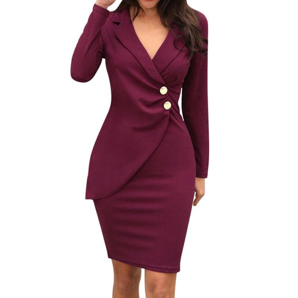 (wine red, S) Ohbaby Women&apos;s Lapel Bodycon Button Long Sleeve Slim Fit Business Suit Midi Dress Blazer