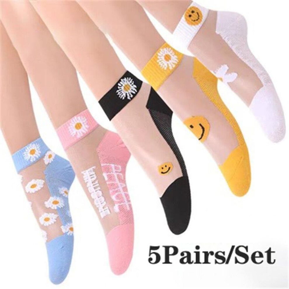 (as the picture, 10pairs) 10/5 Pairs Summer Ultrathin Ankle Socks Transparent Daisy Embroidery Lace Silk Elastic Socks Cute Girls Ice Silk Socks For Women