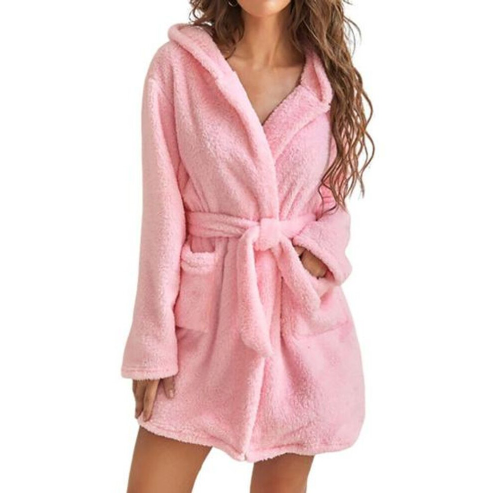 (M, light pink) Plush Bathrobe Belt Sleepwear Lightweight Lady Warm Hooded Flannel Winter Pajamas For Sleeping