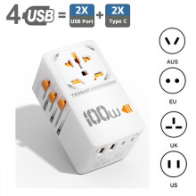 (white, 2 USB-A & 2 USB-C-100W) TESSAN 35W/65W/100W GaN Universal Travel Adapter All-in-one Travel Charger with USB &Type C Wall Charger for US EU UK AUS Travel