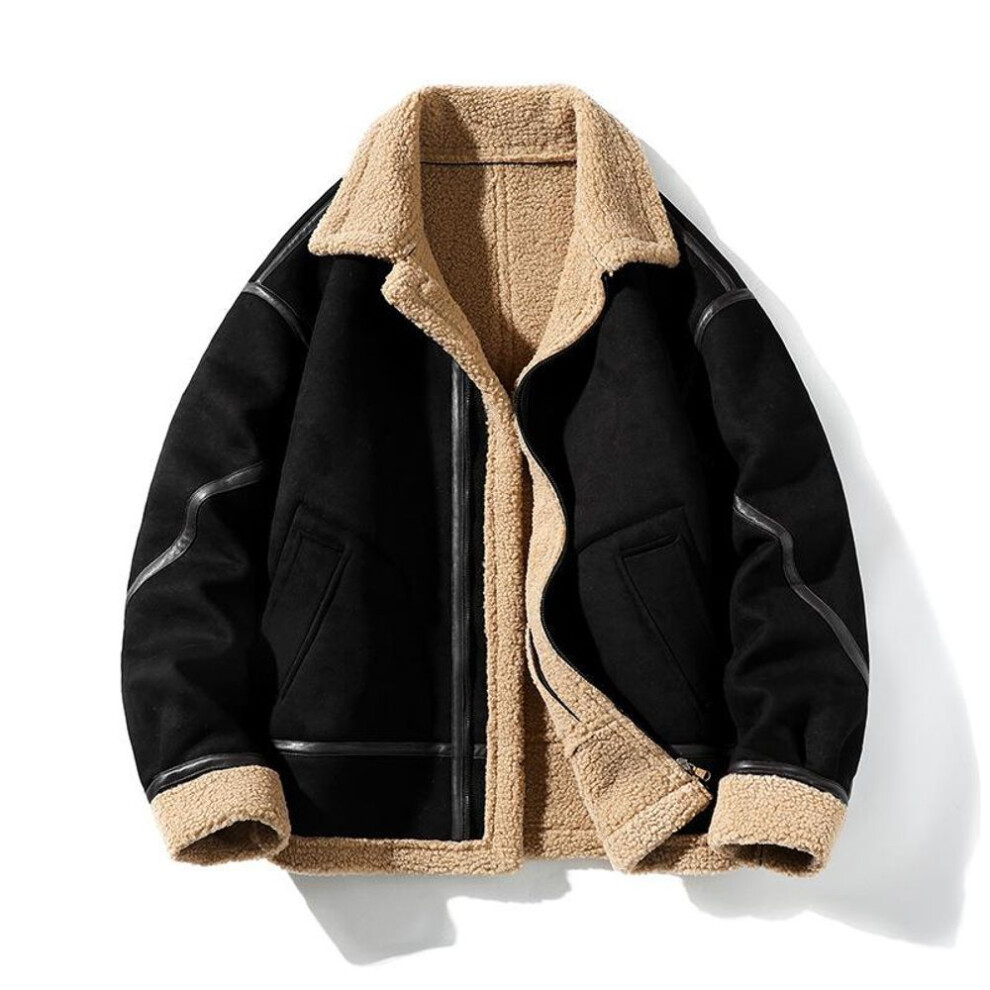 (black, 3XL) Men's Suede Jackets Faux Leather Fleece Lined Mid Length Coats Warm Bomber Jacket Loose Fit Autumn Winter Outer Wear
