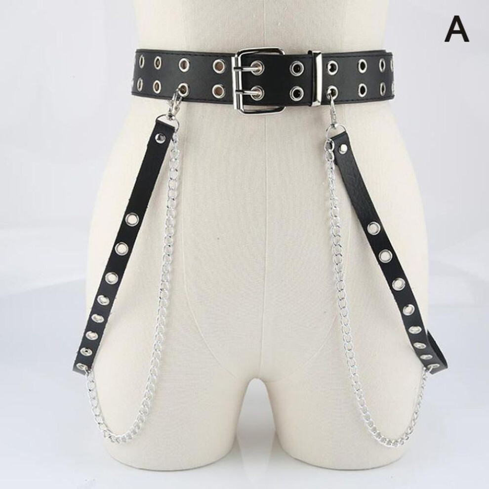 (A) Punk Gothic Faux Leather Belt Women Adjustable Metal Chain Ring Waist Belt