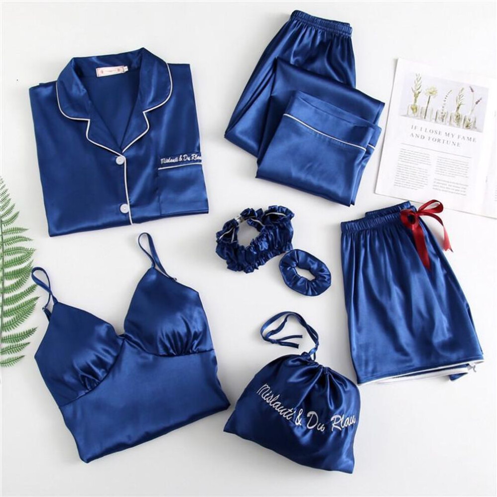 (M, blue) 7 Pieces Multiple Matches Ice Silk Pajama Set Woman Printing Fashion Long Sleeve Nightdress Shorts