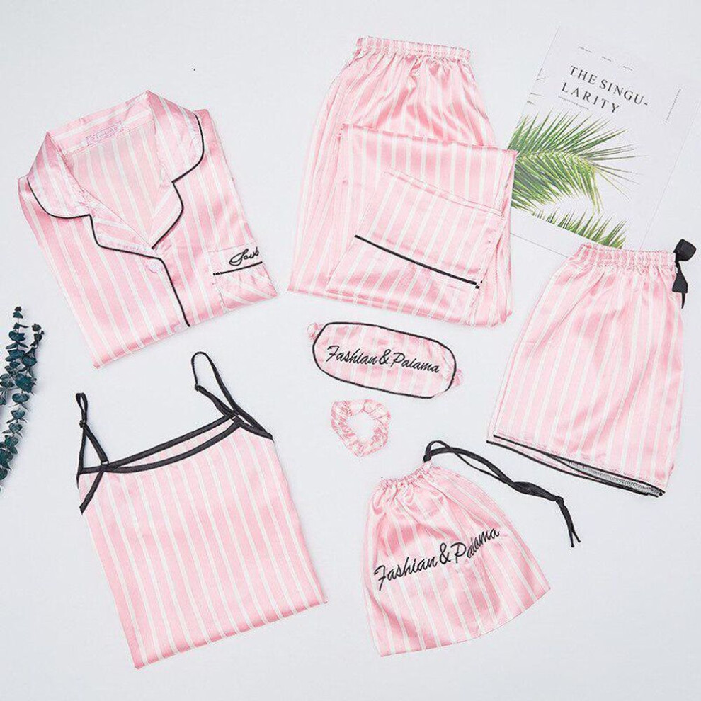 (M, pink beige) 7 Pieces Multiple Matches Ice Silk Pajama Set Woman Printing Fashion Long Sleeve Nightdress Shorts