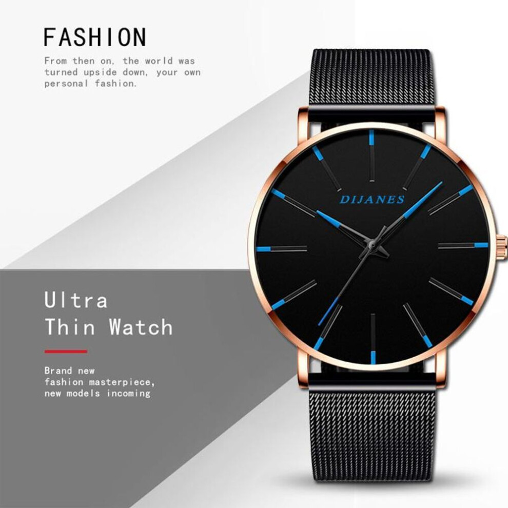 (rose,blue) Fashion Men Classic Business Black Watches Casual Quartz Wristwatches Luxury Round Blue Analog Watch Male Clock Gift Relojes Hombre