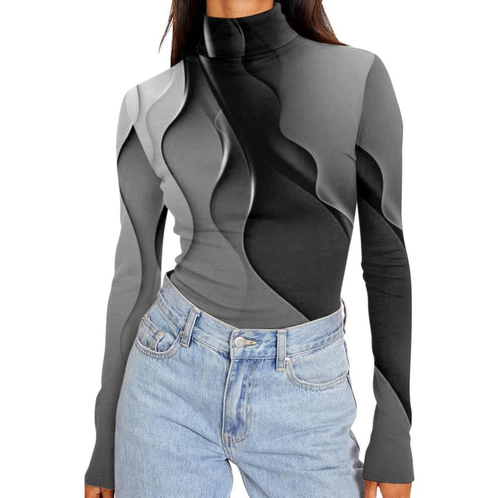 (XXL, black) Women&apos;s Turtleneck Long Sleeve Shirts Printed Fall Fashion Basic Slim Fit Soft Thermal Tops