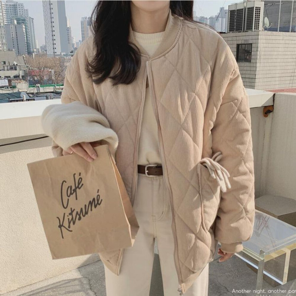 (khaki, L) Fall Winter Women Cotton Liner Parka Jacket Coat With O-neck Puffer Corduroy Preppy Style Zipper Pockets Retro Loose Solid Color Black Khaki S-xl