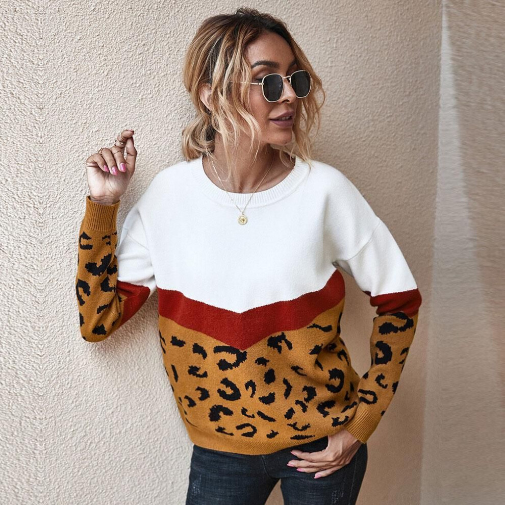 (M, brown) Women Autumn Winter Knitted Sweater Jumper Pullovers Top O-neck Full Sleeve Leopard Patchwork Khaki Brown Gray Army Green S-XL